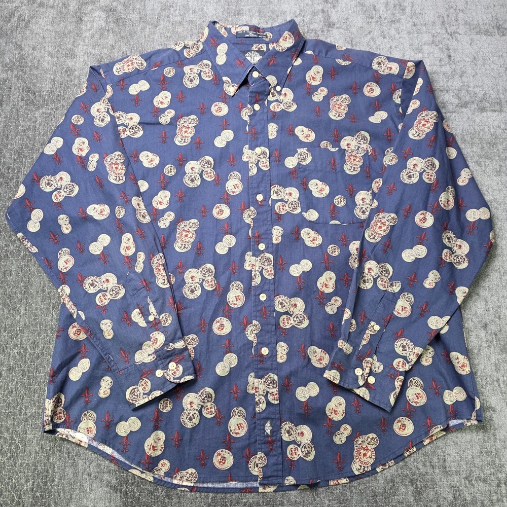 Vtg 90s Dockers Button Down Shirt Mens XL Navy Blue Coin Fleur De Lis AOP Cotton